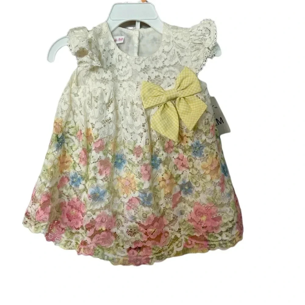Bonnie Baby Toddler Girl Flutter Sleeve Floral Lace Dress with Shorts Sz 12m NWT